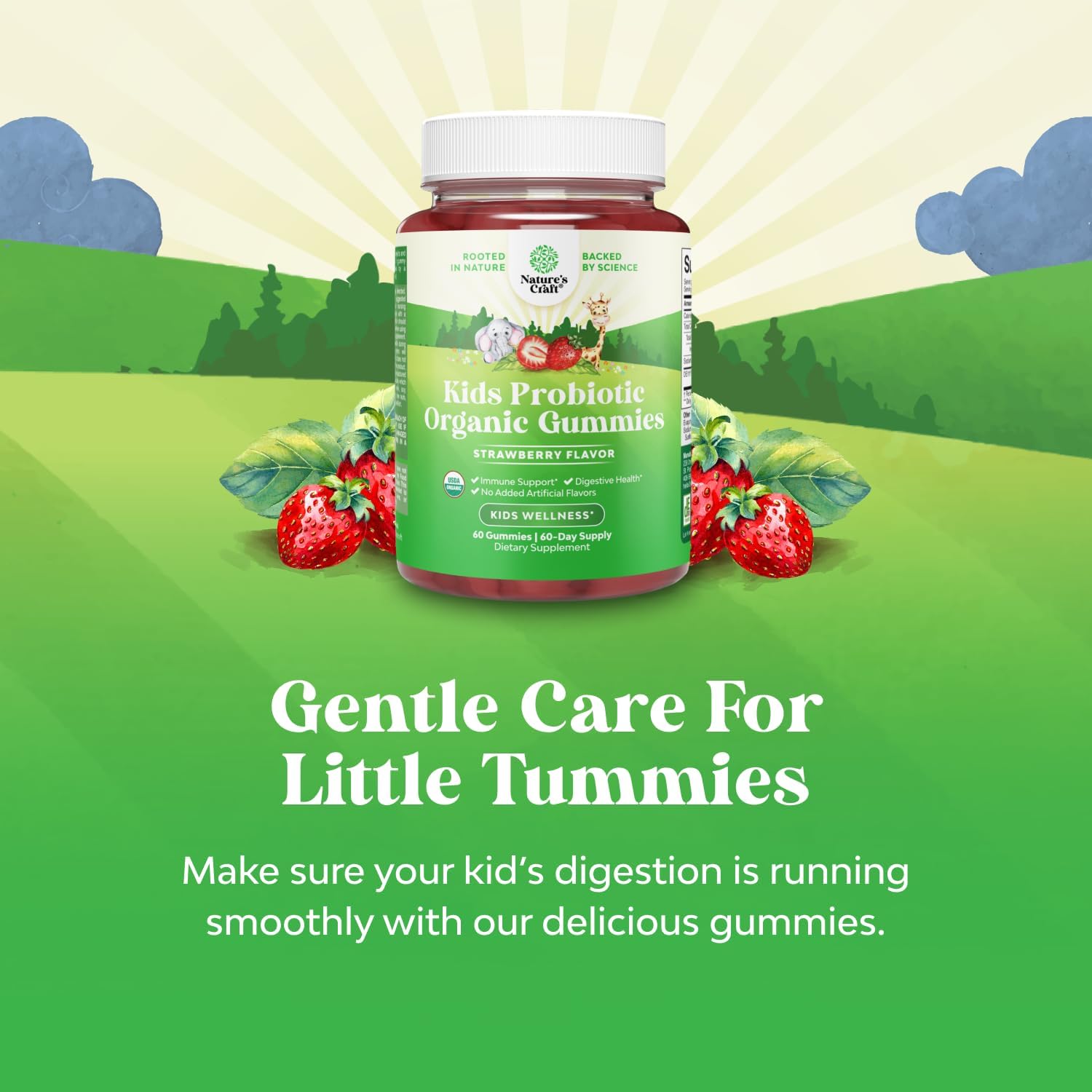 USDA Organic Probiotic Gummies for Children - Vegan Non-GMO Probiotic Gummy for Immunity and Digestive Health - Gentle 2.5B CFU Organic Probiotics - Strawberry Flavour, 60 Gummies (Pack of Two) - görsel 4