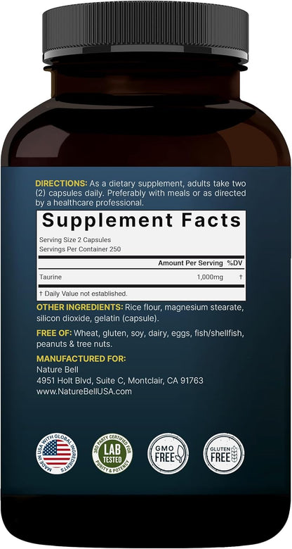 NatureBell Taurine 1,000mg Per Serving, 500 Capsules – Double Strength Amino Acid Food Supplement