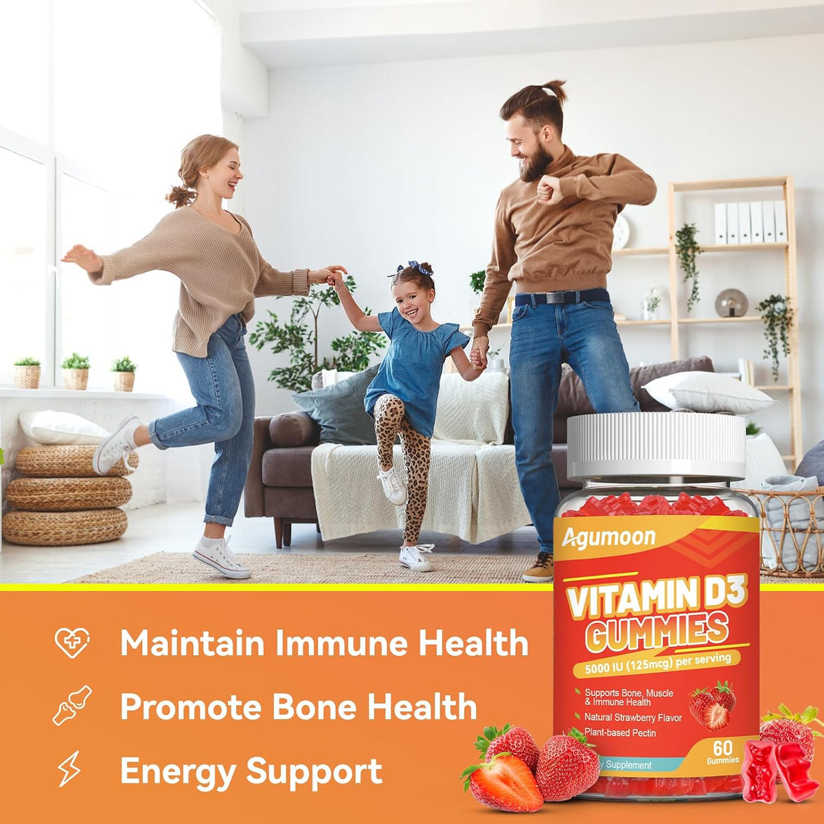 Agumoon Vitamin D3 5000 IU Gummies - Immune, Bone & Muscle Support - Non-GMO, Gluten-free, Dairy-Free - Strawberry Flavour - 60 Gummies - görsel 4