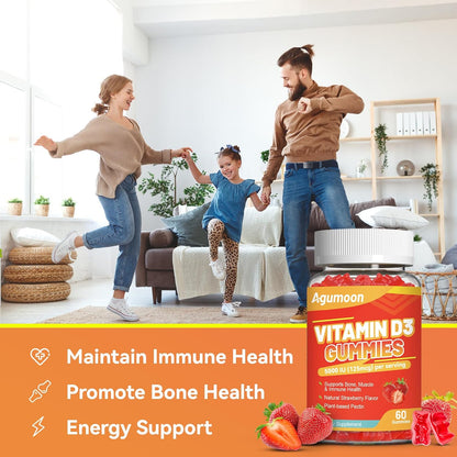 Agumoon Vitamin D3 5000 IU Gummies - Immune, Bone & Muscle Support - Non-GMO, Gluten-free, Dairy-Free - Strawberry Flavour - 60 Gummies