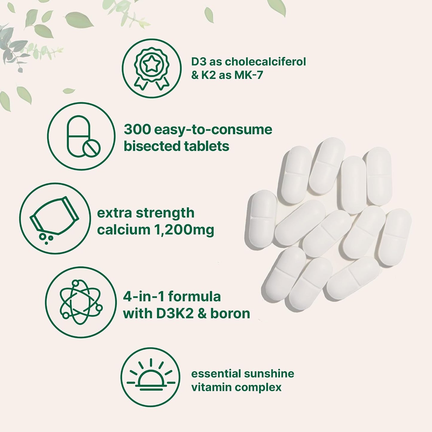 Calcium 1,200mg with Vitamin D3 & K2 – 300 Tablets | Bone, Teeth & Normal Blood Clotting Support - görsel 3