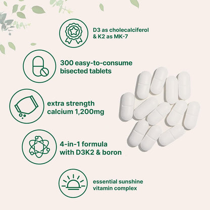 Calcium 1,200mg with Vitamin D3 & K2 – 300 Tablets | Bone, Teeth & Normal Blood Clotting Support