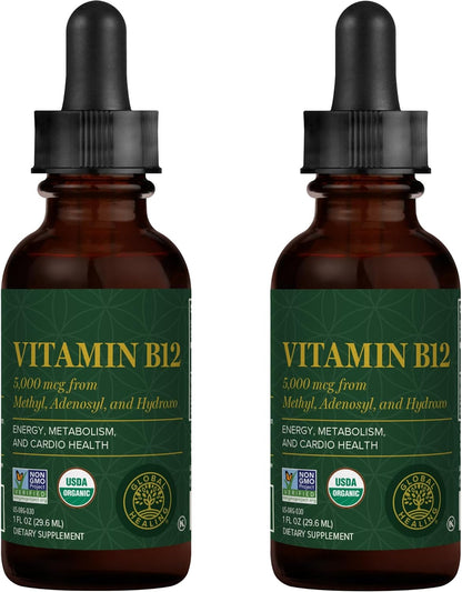 Global Healing Centre - Vitamin B12 5000 mcg, Organic Sublingual Liquid Drops | 3-in-1 Methylcobalamin, Adenosylcobalamin, Hydroxo Blend, 1 fl oz (2-Pack)