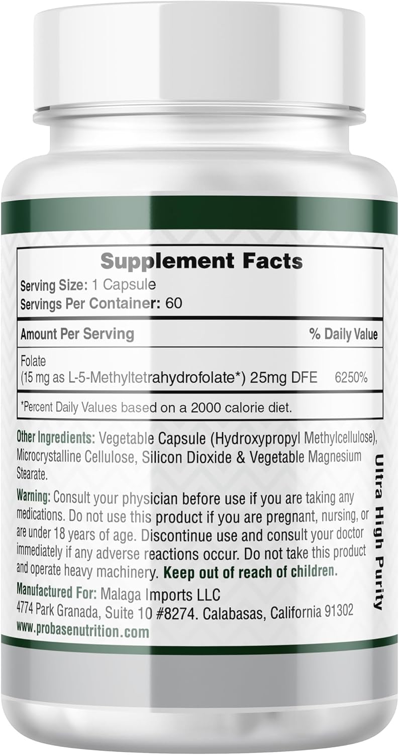 Probase Nutrition Professional Strength L-Methyl Folate 15mg - Active 5-MTHF Form - 60 Capsules - görsel 3