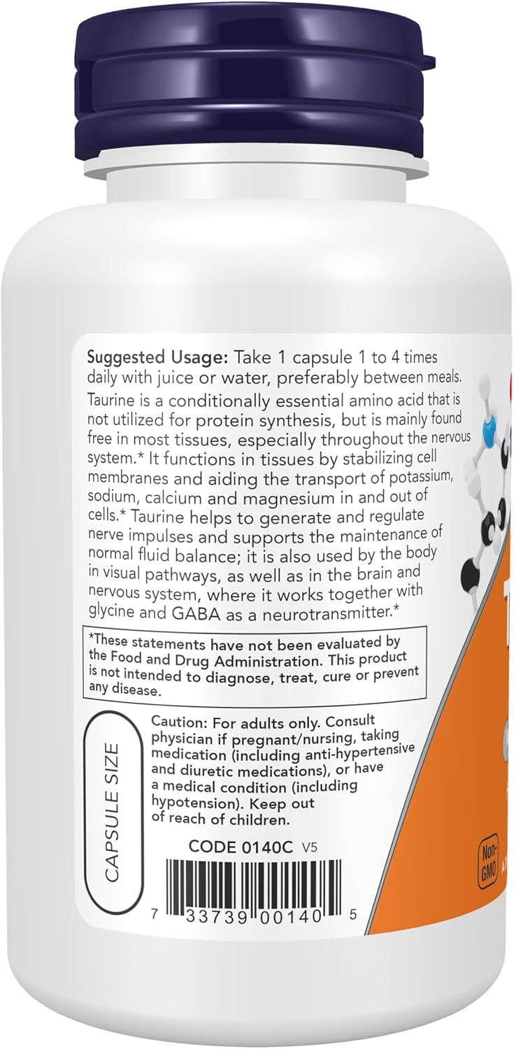 NOW Supplements, Taurine 500 mg, Nervous System Health*, Amino Acid, 100 Veg Capsules - görsel 3