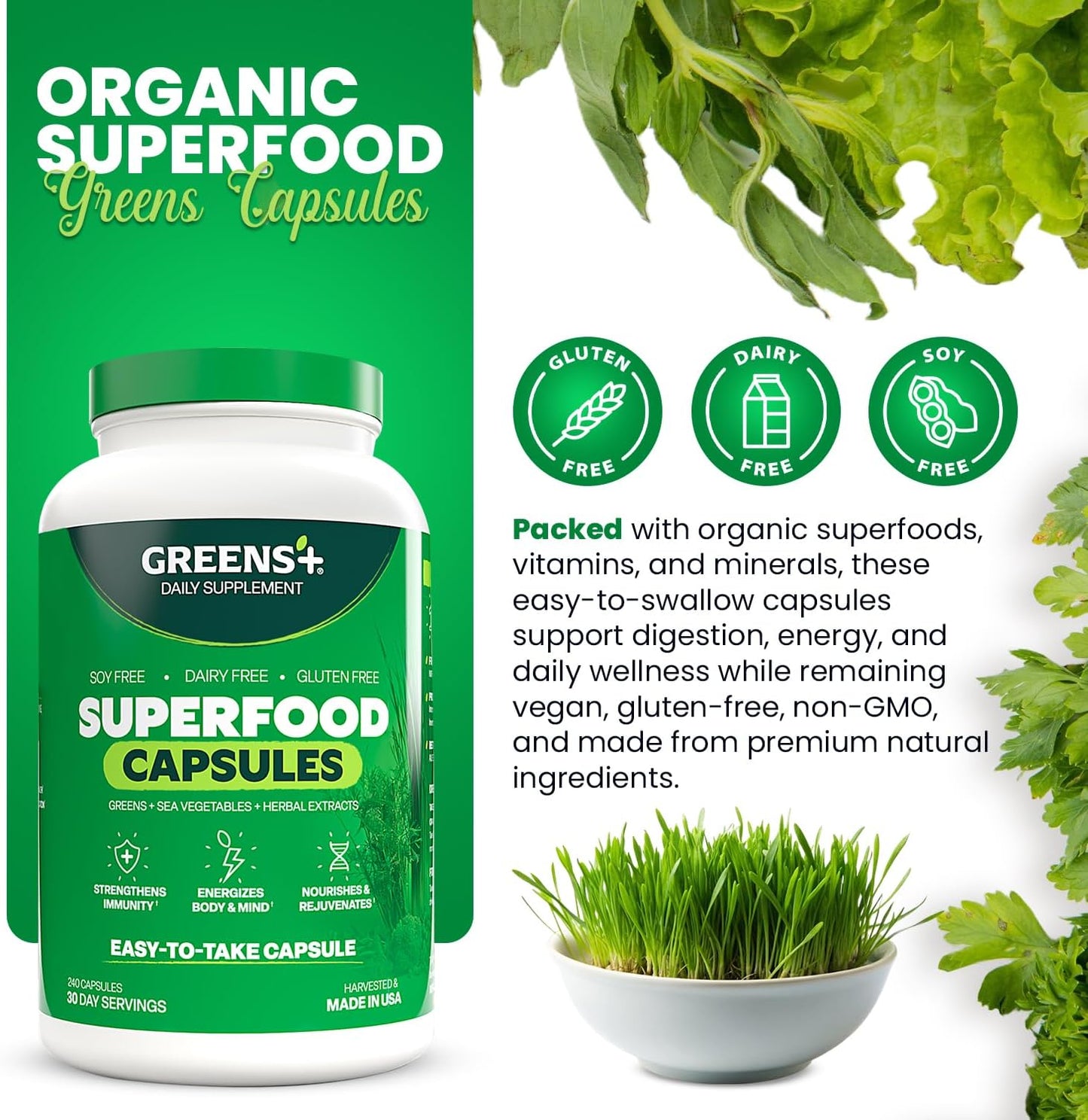 Greens+ Organic Superfood Capsules – 240 Count - görsel 2