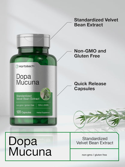 Horbäach Dopa Mucuna Supplement | 120 Capsules | Velvet Bean Herbal Extract | 15% L-Dopa | Non-GMO & Gluten-free