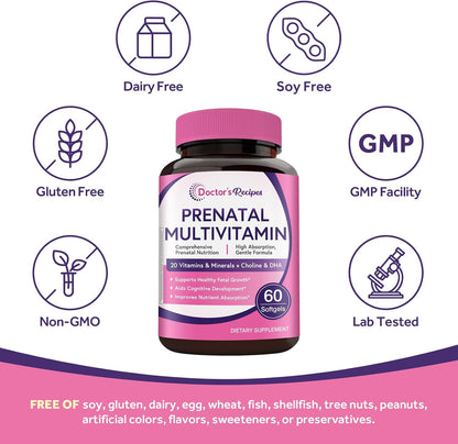 Doctor's Recipes Prenatal Multivitamin with DHA & Folate (L-5-MTHF) for Expecting & Planning Mum, Gentle Comprehensive Nutrient Support, 60 Soft gel capsules