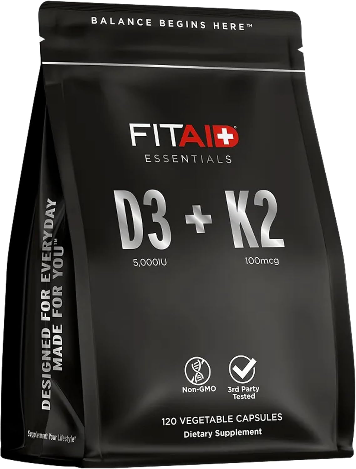 FITAID Essentials Vitamin D3 K2 5000 IU Supplement - 125mcg D3 + 100mcg K2 MK7, 120 Vegetable Capsules - görsel 1