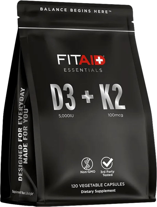 FITAID Essentials Vitamin D3 K2 5000 IU Supplement - 125mcg D3 + 100mcg K2 MK7, 120 Vegetable Capsules