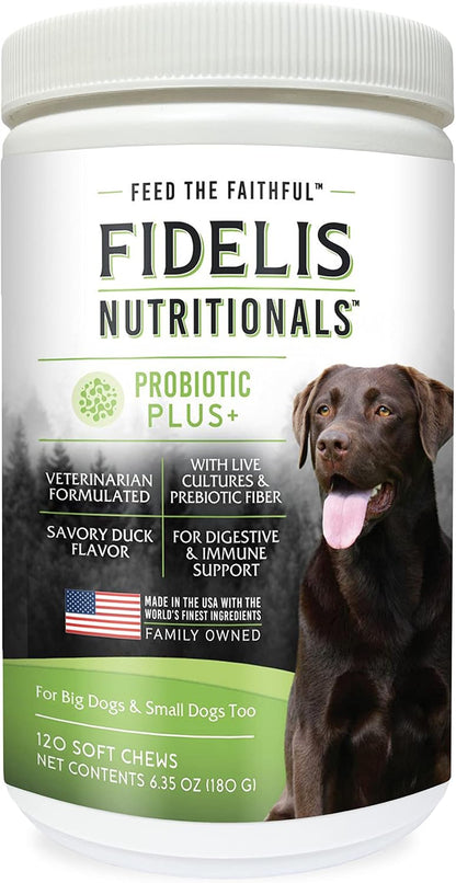 FIDELIS Probiotic Plus+ Pet Probiotics for Dogs, Digestive Gut Health, Yeast, Itchy Skin/Ears, Paw Licking, Safe Dog Treat Supplement for Pets, Adult, Big & Small, Made in USA, Duck Flavour, 120 Chews