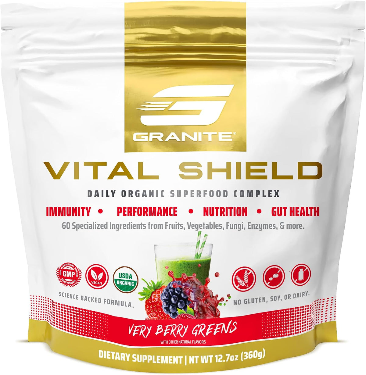 Granite Nutrition Vital Shield - USDA Organic Superfood Greens with Mushrooms & Tart Cherry for Energy, Immunity & Gut Health - Very Berry (30 Servings) - görsel 1