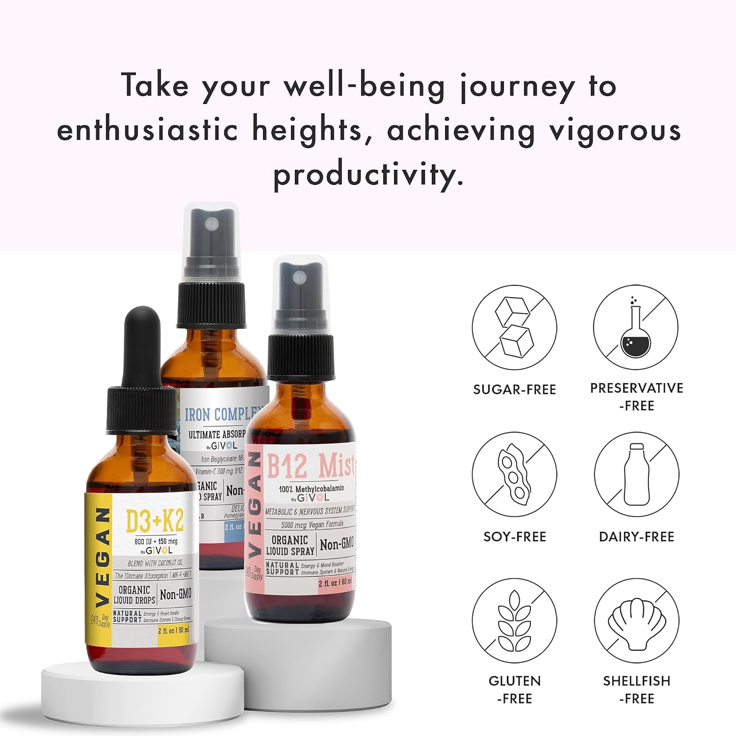 GIVOL Energy & Vitality Bundle Liquid Spray Trio - B12 Methylcobalamin, Iron Bisglycinate, and D3 (Lichen) & K2 (MK4 & MK7), Non-GMO, Gluten-free, Sugar-Free, 60 ml (540-Day Supply) - görsel 4