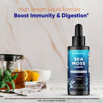 Vitamatic Liquid Organic Irish Sea Moss - Made with Bladderwrack & Burdock Root - 2800 mg per Serving - 60 ml - Sea Moss Supplement for Thyroid, Energy, Immune Support