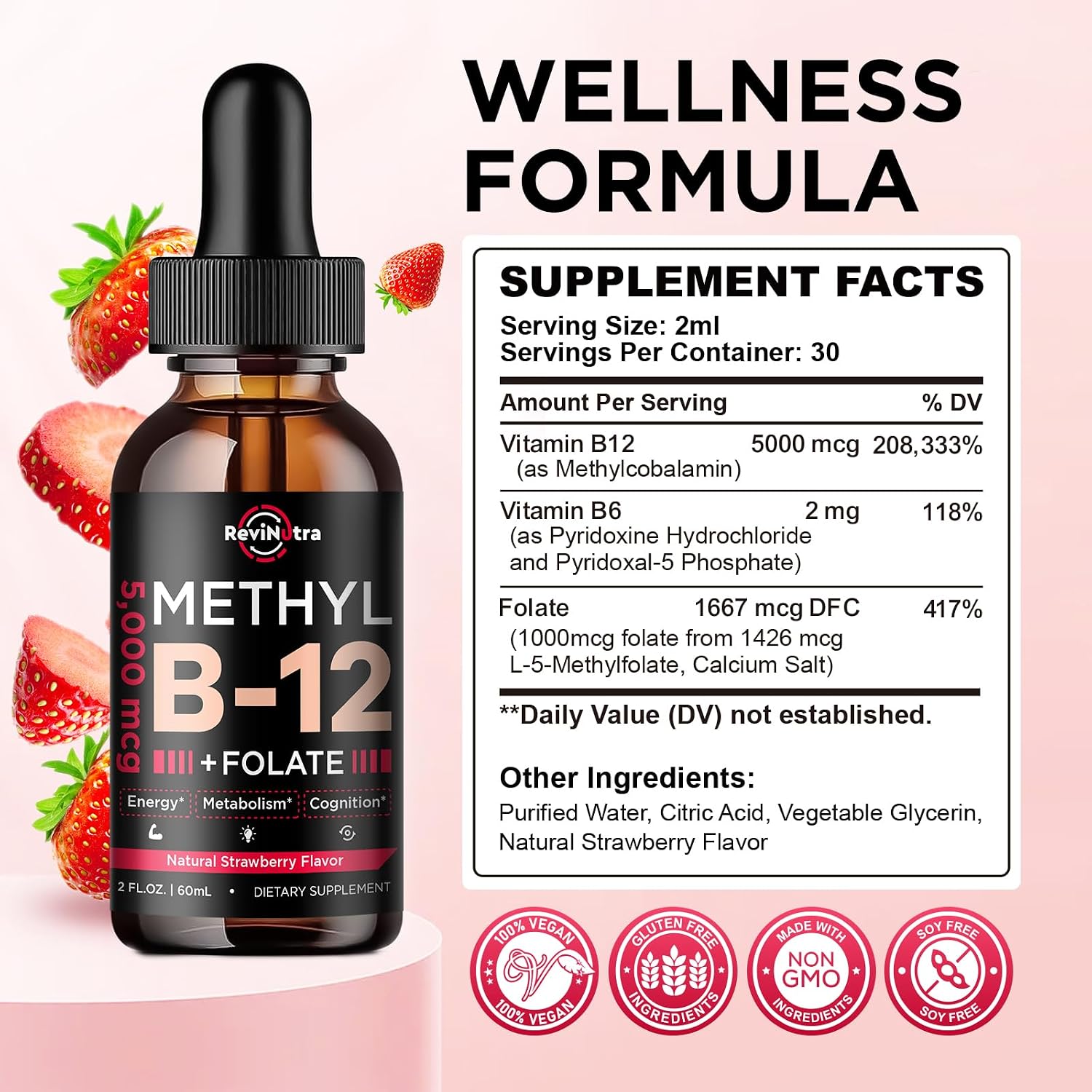 ReviNutra Vitamin B12 Liquid Drops - 5000 mcg Methylcobalamin with B6 & Folate - Vegan Strawberry Flavour - 60 ml - görsel 7