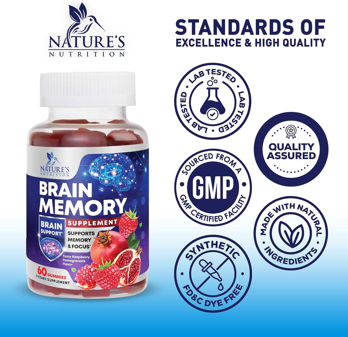 Nature's Nutrition Brain Gummies for Memory and Focus – 3X Strength with B6, B12, Phosphatidylserine – 60 Gummies - görsel 4