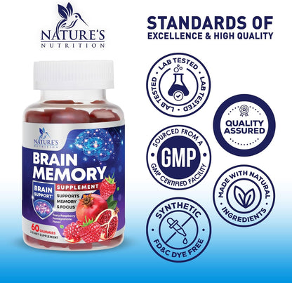 Nature's Nutrition Brain Gummies for Memory and Focus – 3X Strength with B6, B12, Phosphatidylserine – 60 Gummies