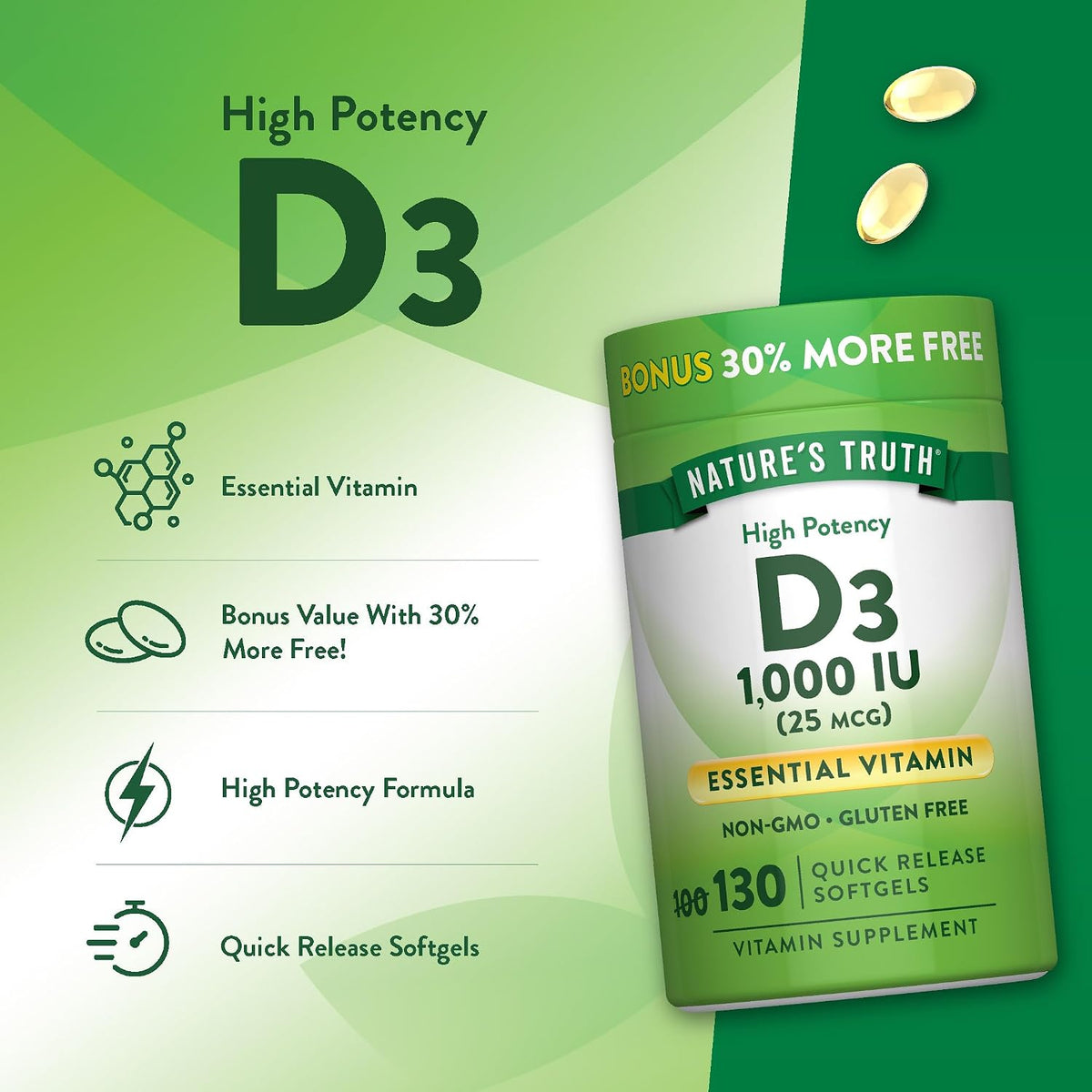Nature's Truth Vitamin D3 1000 IU (25 µg) Soft Capsules – 130 Quick Release - görsel 5