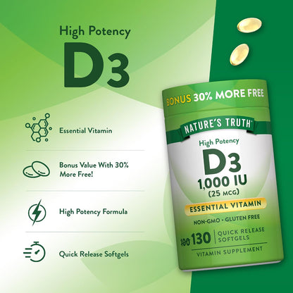Nature's Truth Vitamin D3 1000 IU (25 µg) Soft Capsules – 130 Quick Release