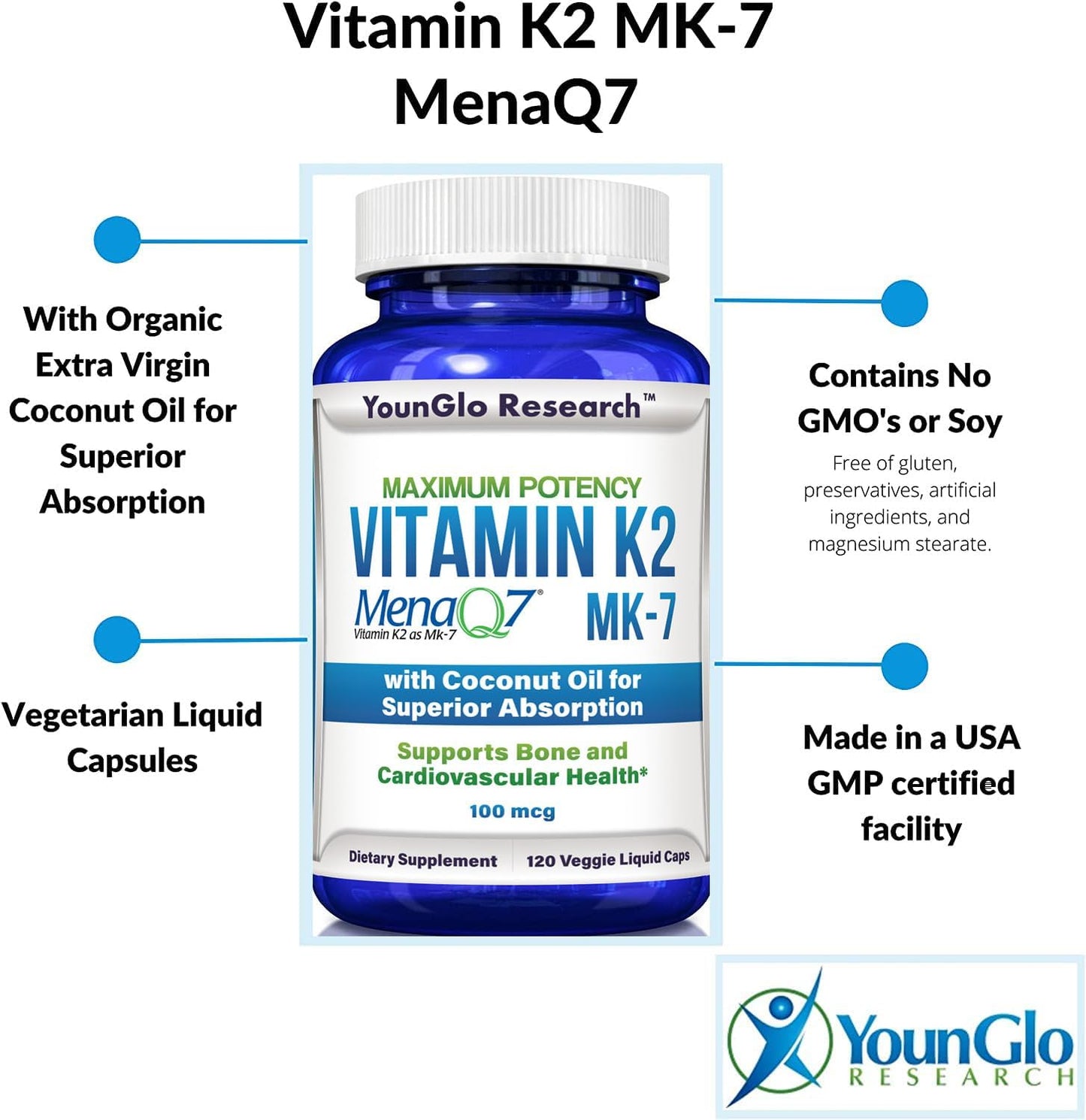YounGlo Research Vitamin K2 MK7 (MenaQ7) 100 mcg with Coconut Oil - 120 Vegan Liquid Capsules - görsel 2