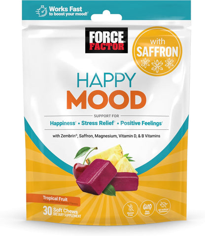 Force Factor Happy Mood Soft Chews - Mood Support Supplement with Magnesium, Saffron & Zembrin, Tropical Flavour, 30 Chews
