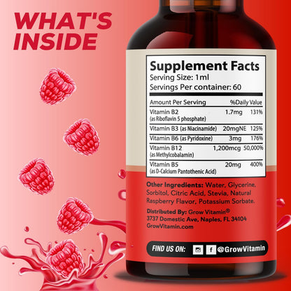 Vegan B12 Complex Liquid Sublingual Drops - Premium Methylcobalamin Supplement for Energy, Mood, Immune Support and Healthy Hair, Skin & Nails