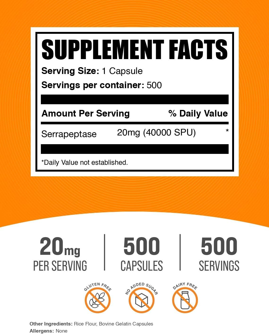 BulkSupplements Serrapeptase 40,000 SPU Capsules - 500 Count - görsel 2