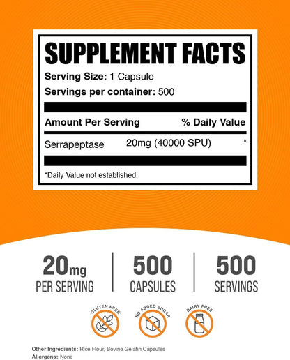 BulkSupplements Serrapeptase 40,000 SPU Capsules - 500 Count