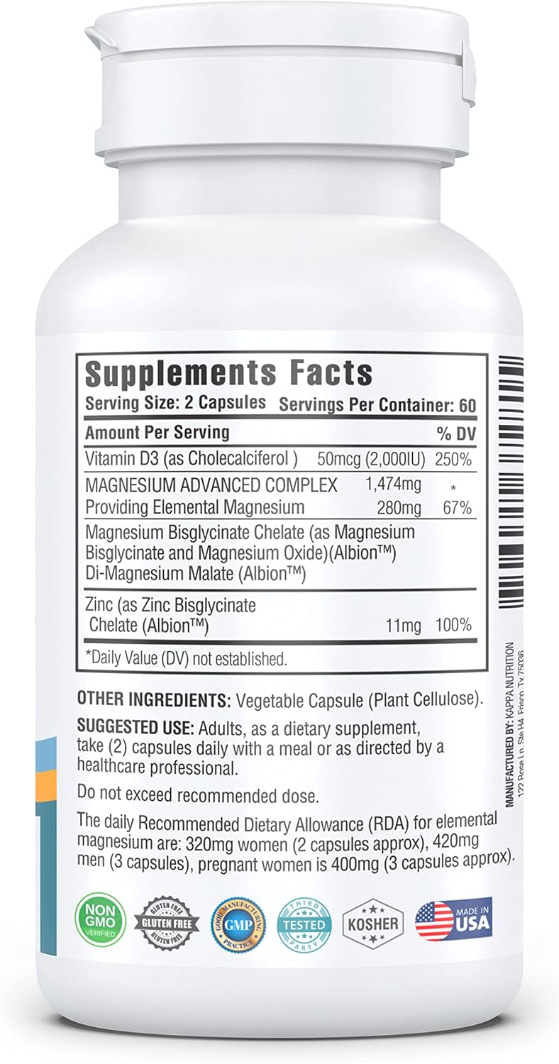 Kappa Nutrition Magnesium 4-in-1 – 280mg Elemental Magnesium (Bisglycinate & Malate) + Zinc & Vitamin D3 – 120 Vegan Capsules - görsel 7