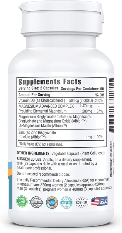 Kappa Nutrition Magnesium 4-in-1 – 280mg Elemental Magnesium (Bisglycinate & Malate) + Zinc & Vitamin D3 – 120 Vegan Capsules