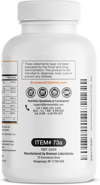 Bronson Super B Vitamin B Complex – Sustained Slow Release, 100 Tablets