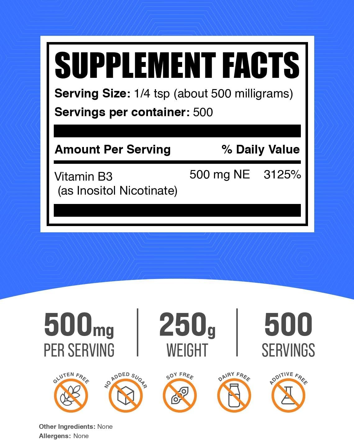 BulkSupplements.com Flush Free Niacin Powder - Inositol Hexanicotinate, Vitamin B3 Supplement, 500mg per Serving, 250g (8.8 oz) - görsel 2
