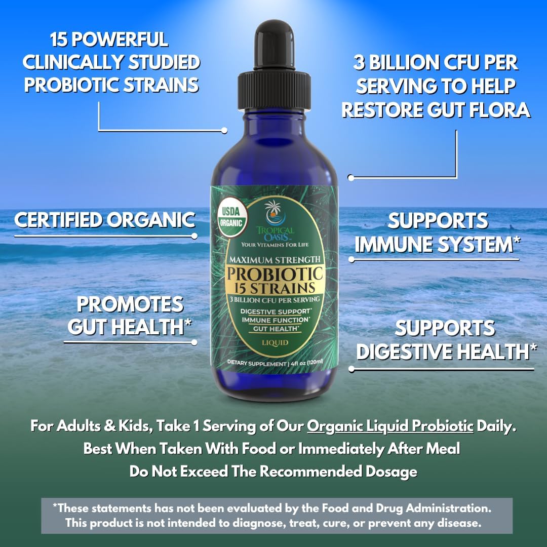 Tropical Oasis USDA Organic Liquid Probiotics – 15 Strains, 3 Billion CFU, 40 Servings - görsel 3