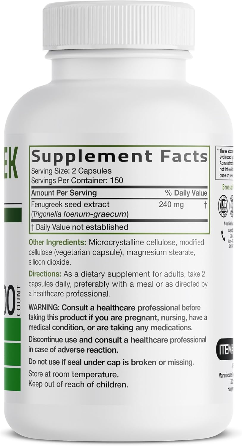 Bronson Fenugreek Seed Powder Capsules, Extra Strength (Non-GMO, Soya-Free, Vegetarian) - 300 Capsules - görsel 2