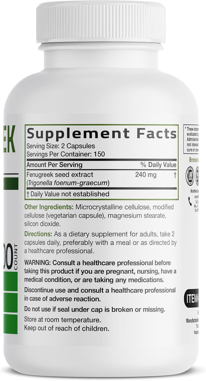 Bronson Fenugreek Seed Powder Capsules, Extra Strength (Non-GMO, Soya-Free, Vegetarian) - 300 Capsules