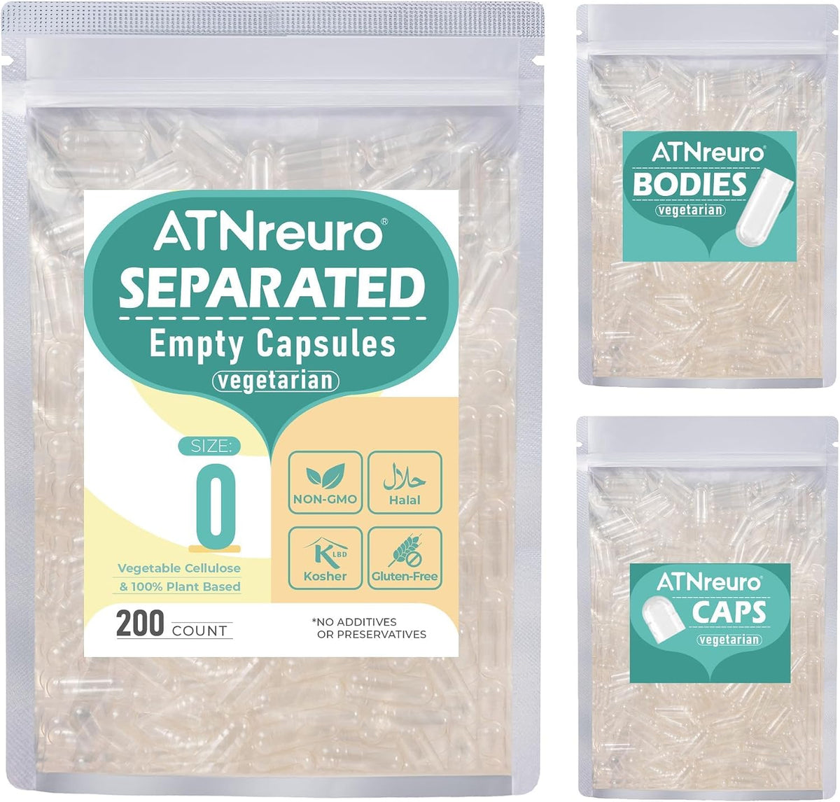 ATNreuro Vegan Separated Empty Capsules Size 0 (200 Count), Veggie Premium Empty Capsules for DIY Supplement Filling - görsel 1