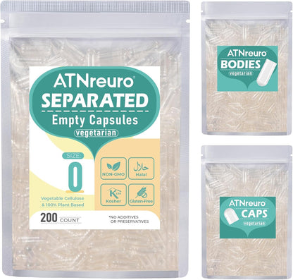 ATNreuro Vegan Separated Empty Capsules Size 0 (200 Count), Veggie Premium Empty Capsules for DIY Supplement Filling