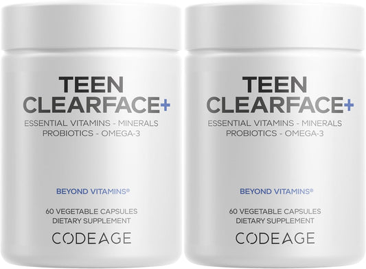 Codeage Teen Clearface - Adolescent Skin & Spot Support Supplement with Vitamins A, C, D3, E, Zinc, Probiotics, L-Lysine, Omega-3 - 2 Pack