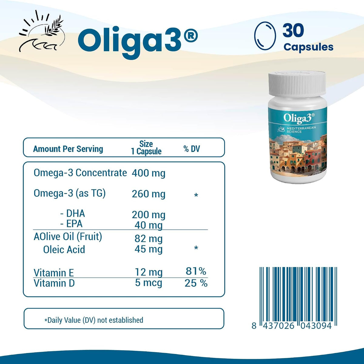 Oliga3 Omega-3 EPA DHA with Olive Oil, Vitamin D, E – Mediterranean Diet Inspired Food Supplement, 30 Softgels - görsel 5