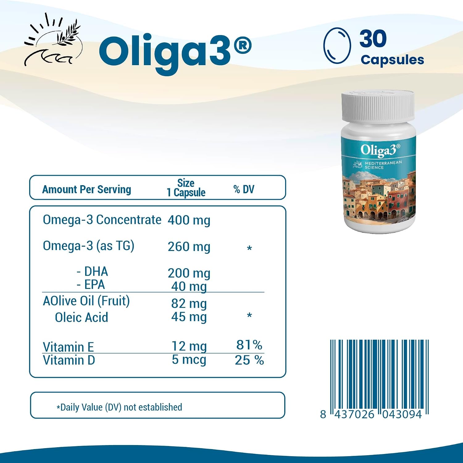 Oliga3 Omega-3 EPA DHA with Olive Oil, Vitamin D, E – Mediterranean Diet Inspired Food Supplement, 30 Softgels - görsel 5