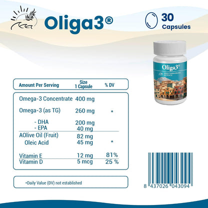 Oliga3 Omega-3 EPA DHA with Olive Oil, Vitamin D, E – Mediterranean Diet Inspired Food Supplement, 30 Softgels