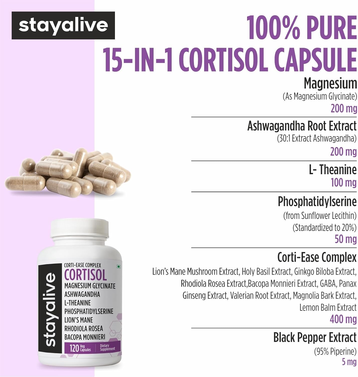 STAY ALIVE Cortisol Manager Supplement 15-in-1 Complex – 120 Vegan Capsules - görsel 4