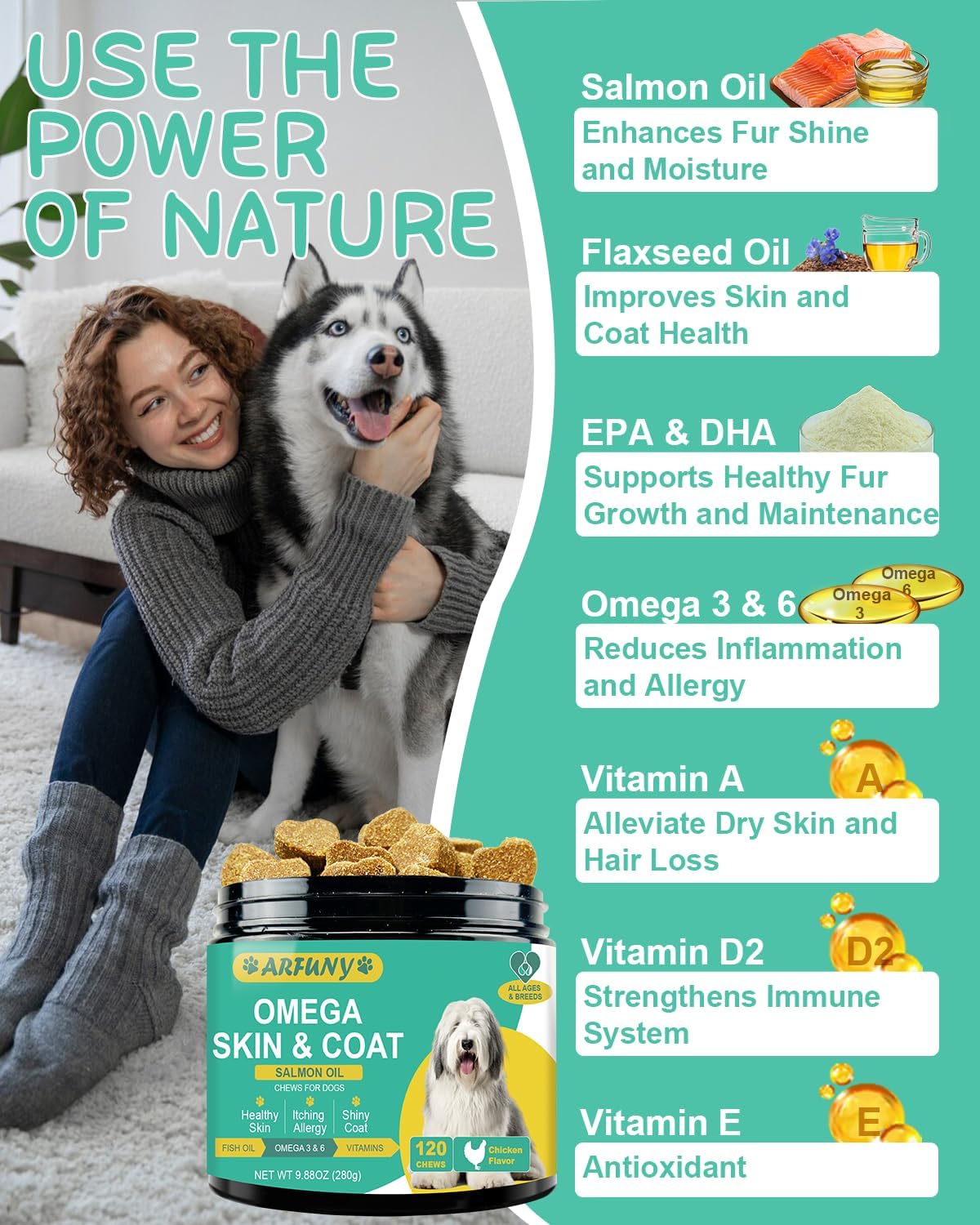Omega-3 for Dogs - Skin and Coat Supplement with EPA & DHA - Fish Oil Chews with Salmon Oil & Vitamins - Chicken Flavour, 120 Chews - görsel 3