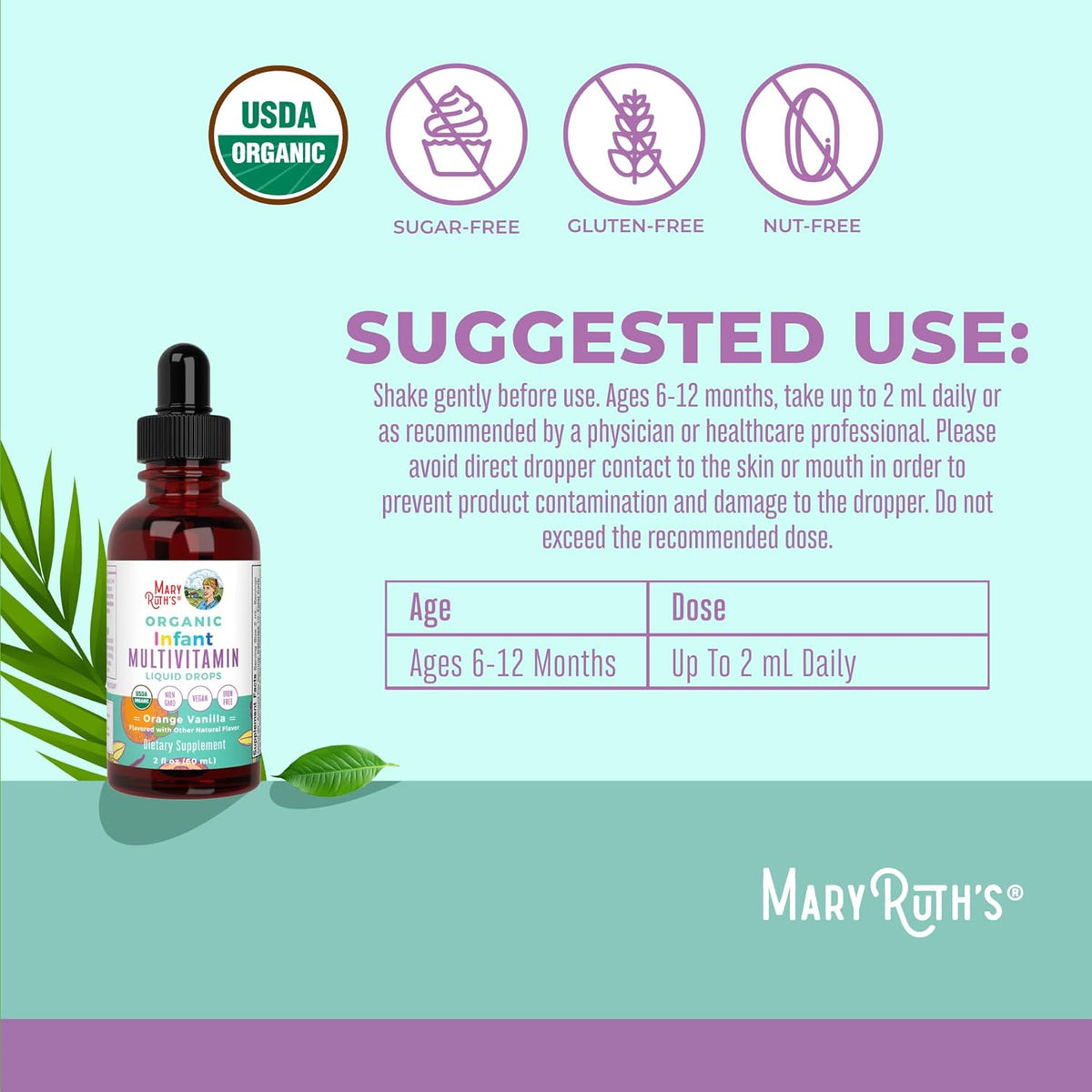 MaryRuth's Organics Infant Multivitamin Liquid Drops with Iron, USDA Organic, for Babies 6-12 Months, 2 Fl Oz (59 ml) - görsel 3