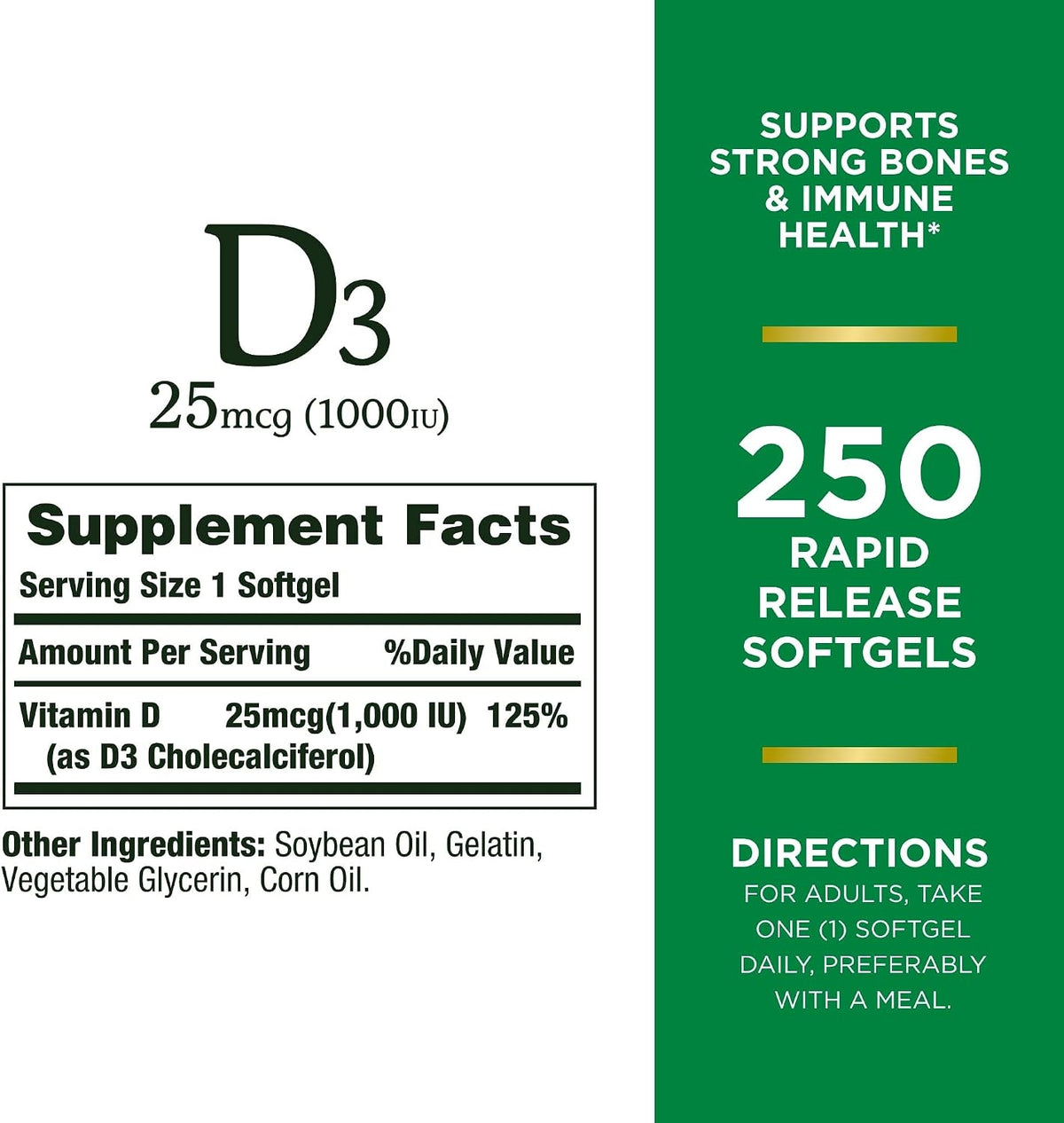 Nature's Bounty Vitamin D3 1000 IU, Immune Support, 250 Rapid Release Softgels - görsel 2
