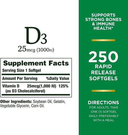 Nature's Bounty Vitamin D3 1000 IU, Immune Support, 250 Rapid Release Softgels