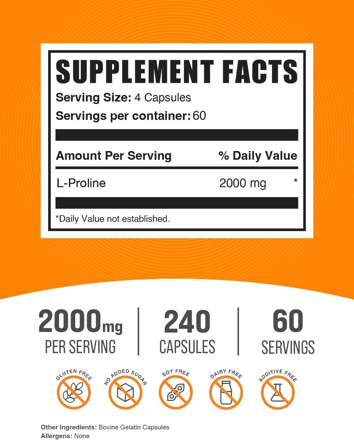 BulkSupplements L-Proline 2000mg Capsules (240 Capsules) - görsel 2