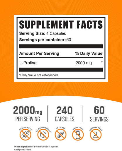 BulkSupplements L-Proline 2000mg Capsules (240 Capsules)