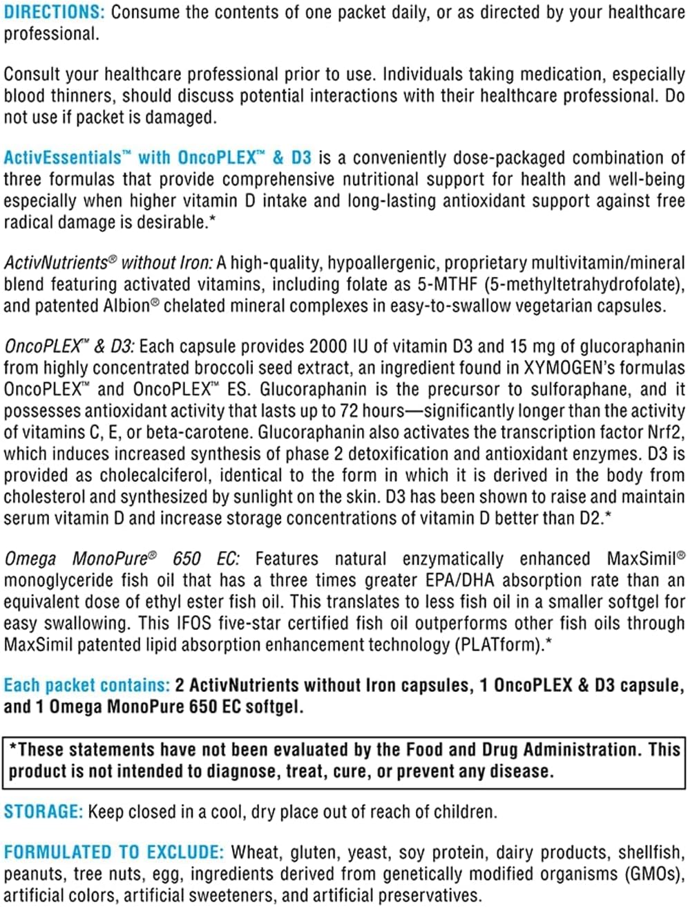 XYMOGEN ActivEssentials with OncoPLEX & D3 – Daily Multivitamin, Antioxidant & Omega-3 Nutrition Packets – 60 Packets - görsel 6