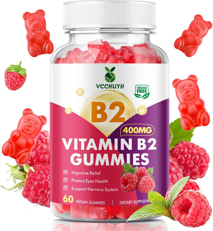 VCCHUYH Vitamin B2 Gummies 400mg – Riboflavin with Magnesium – Vegan, Non-GMO, Raspberry Flavour – 120 Gummies